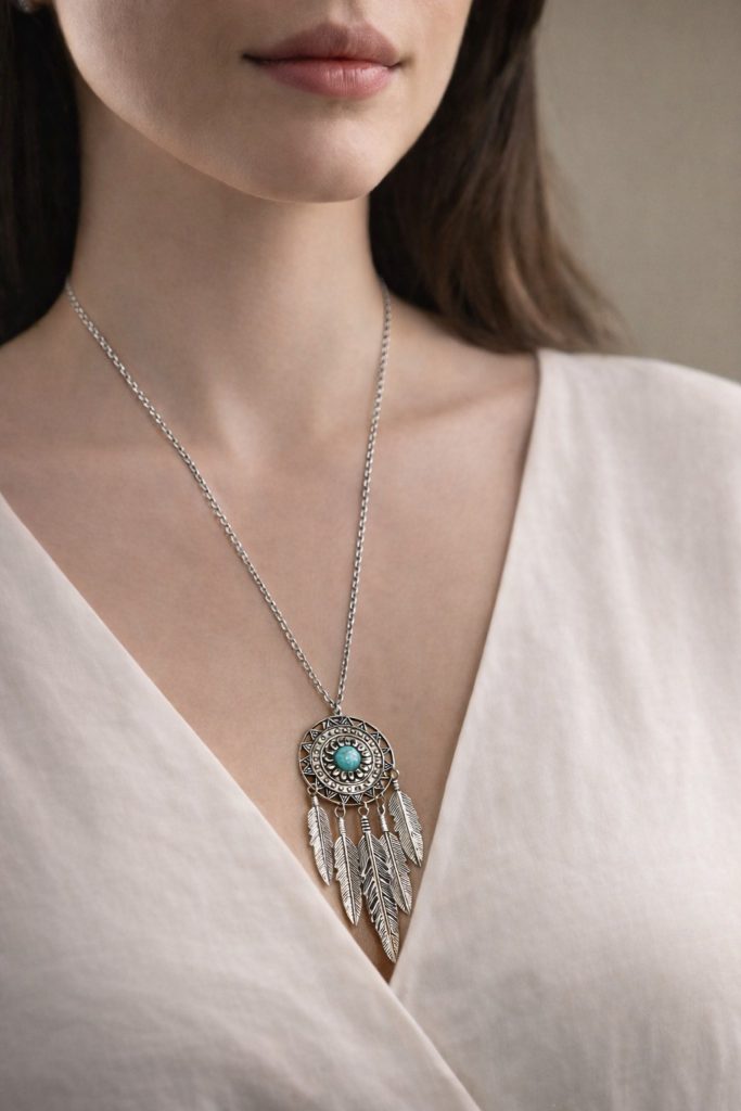 ✨ UShine.gr: Boho Κολιέ Dreamcatcher με Τιρκουάζ Πέτρα & Φτερά No 2007