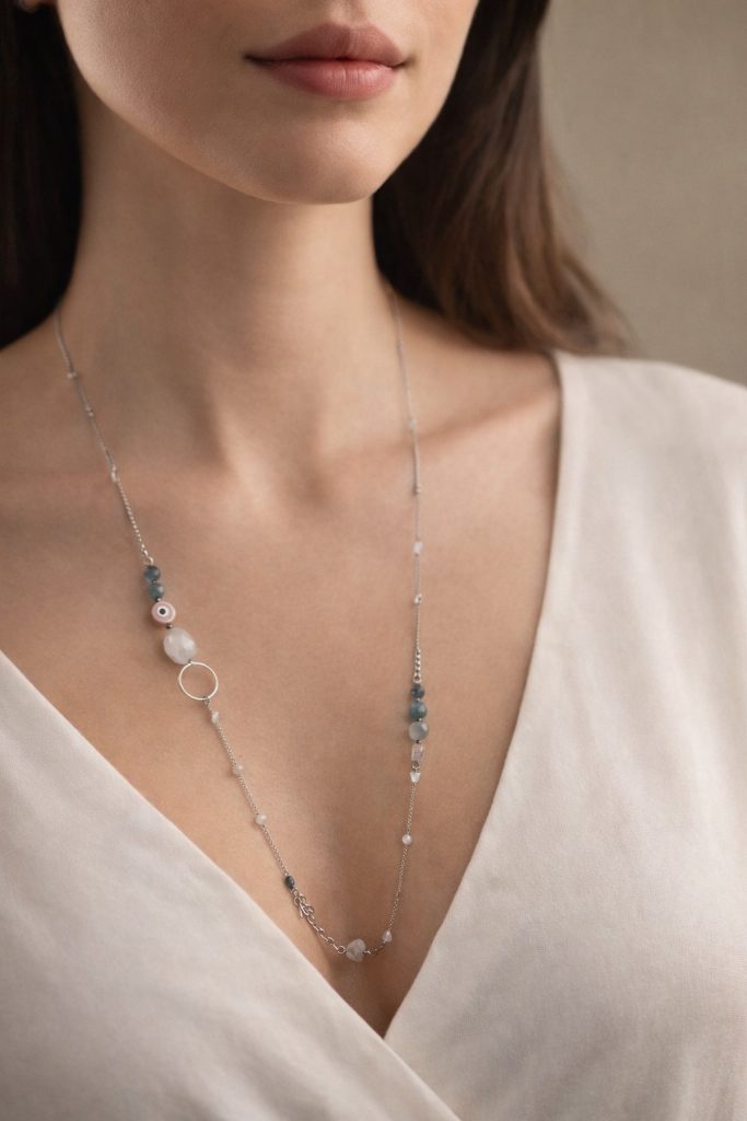 ✨ UShine.gr: Ατσάλινο Μακρύ Κολιέ με Χάντρες & Ματάκι No 2009