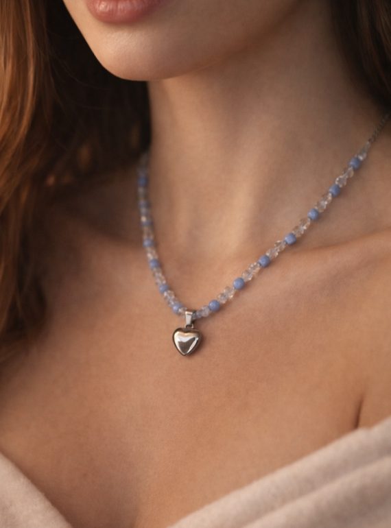 ✨ UShine.gr: Κολιέ με Γαλάζιες Χάντρες & Ατσάλινη Καρδιά Mirror No 2010