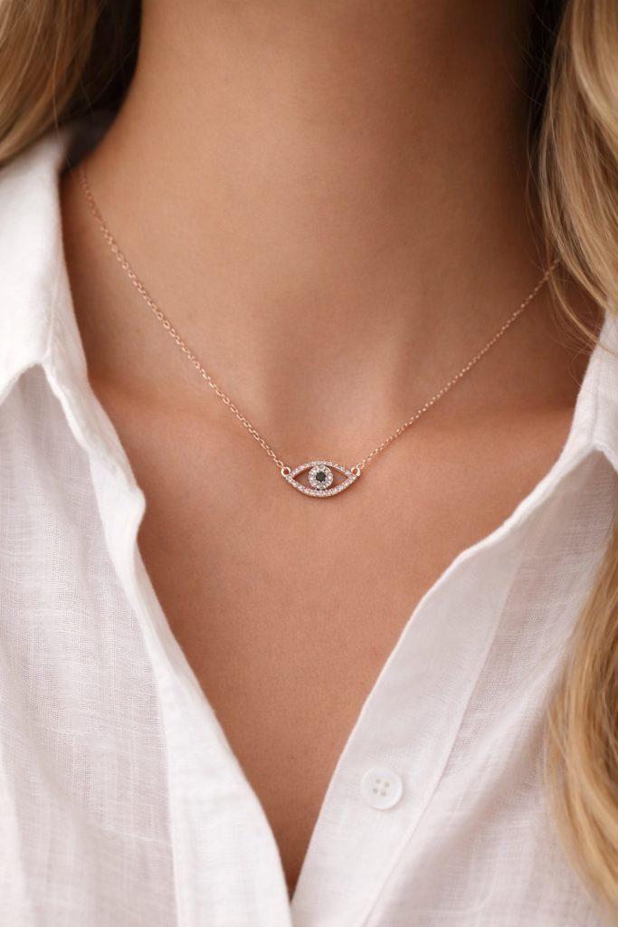 ✨ UShine.gr: Ροζ Χρυσό Κολιέ Ματάκι με Μαύρη Πέτρα No 2017