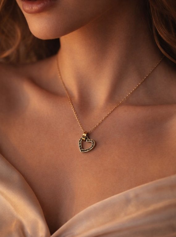 ✨ UShine.gr: Ροζ Χρυσό Κολιέ Καρδιά με Μαύρες Πέτρες No 2018