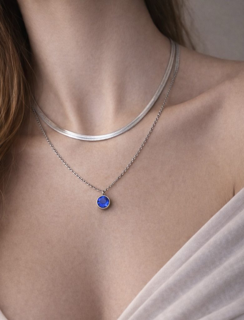 ✨ UShine.gr: Διπλό Ασημί Κολιέ με Μπλε Κρύσταλλο No 2019