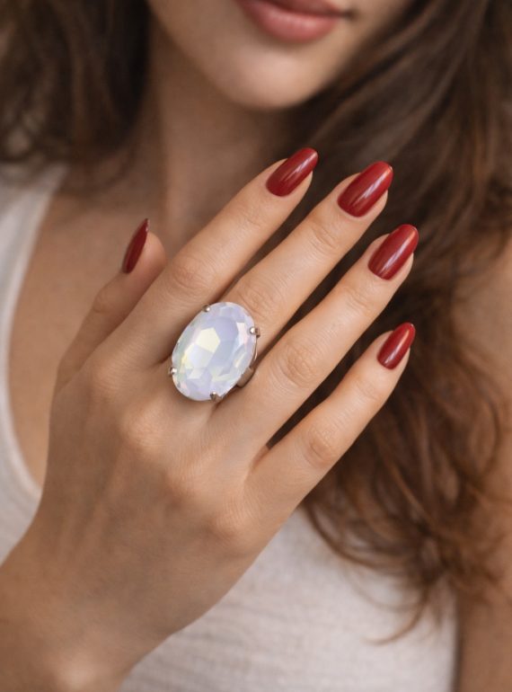 ✨ UShine.gr: Χειροποίητο Δαχτυλίδι Statement με Οβάλ Λευκή Πέτρα No 7030