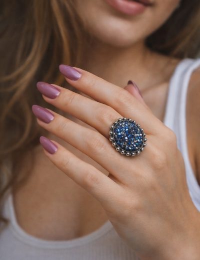 ✨ UShine.gr: Χειροποίητο Δαχτυλίδι Vintage Glam με Μπλε Κρύσταλλα No 7031