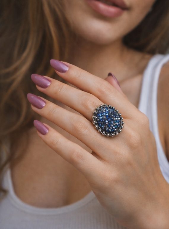 ✨ UShine.gr: Χειροποίητο Δαχτυλίδι Vintage Glam με Μπλε Κρύσταλλα No 7031