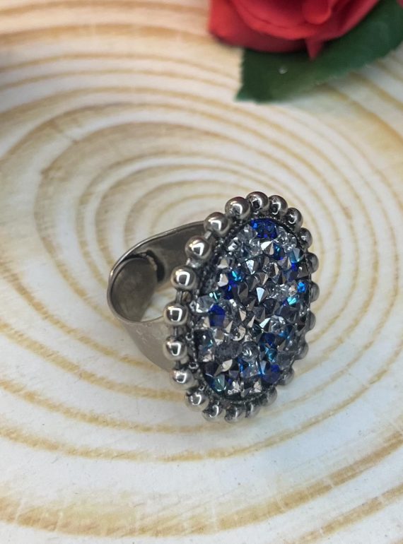 ✨ UShine.gr: Χειροποίητο Δαχτυλίδι Vintage Glam με Μπλε Κρύσταλλα No 7031