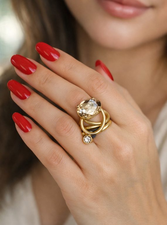 ✨ UShine.gr: Χειροποίητο Πολυεπίπεδο Δαχτυλίδι Χρυσό με Οβάλ Crystal No 7034