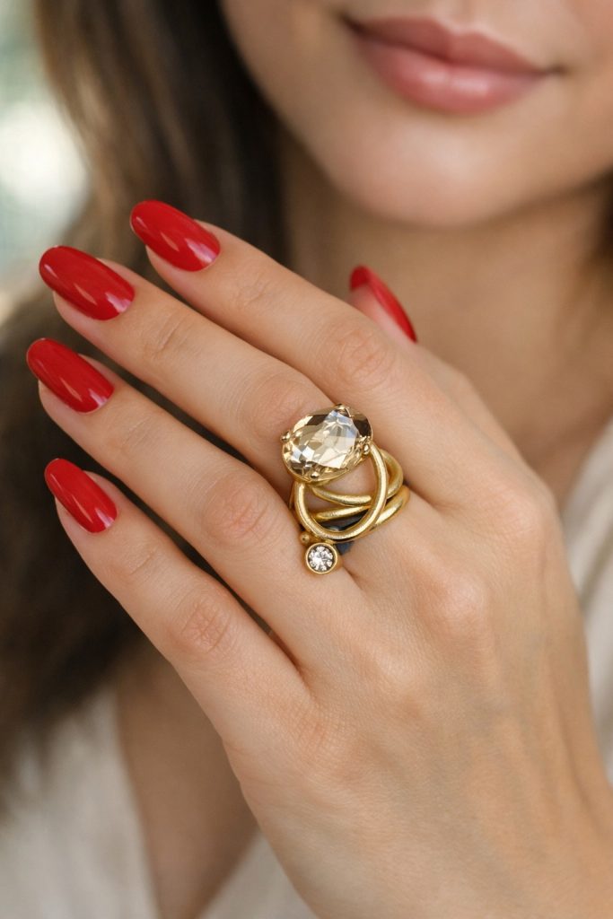 ✨ UShine.gr: Χειροποίητο Πολυεπίπεδο Δαχτυλίδι Χρυσό με Οβάλ Crystal No 7034