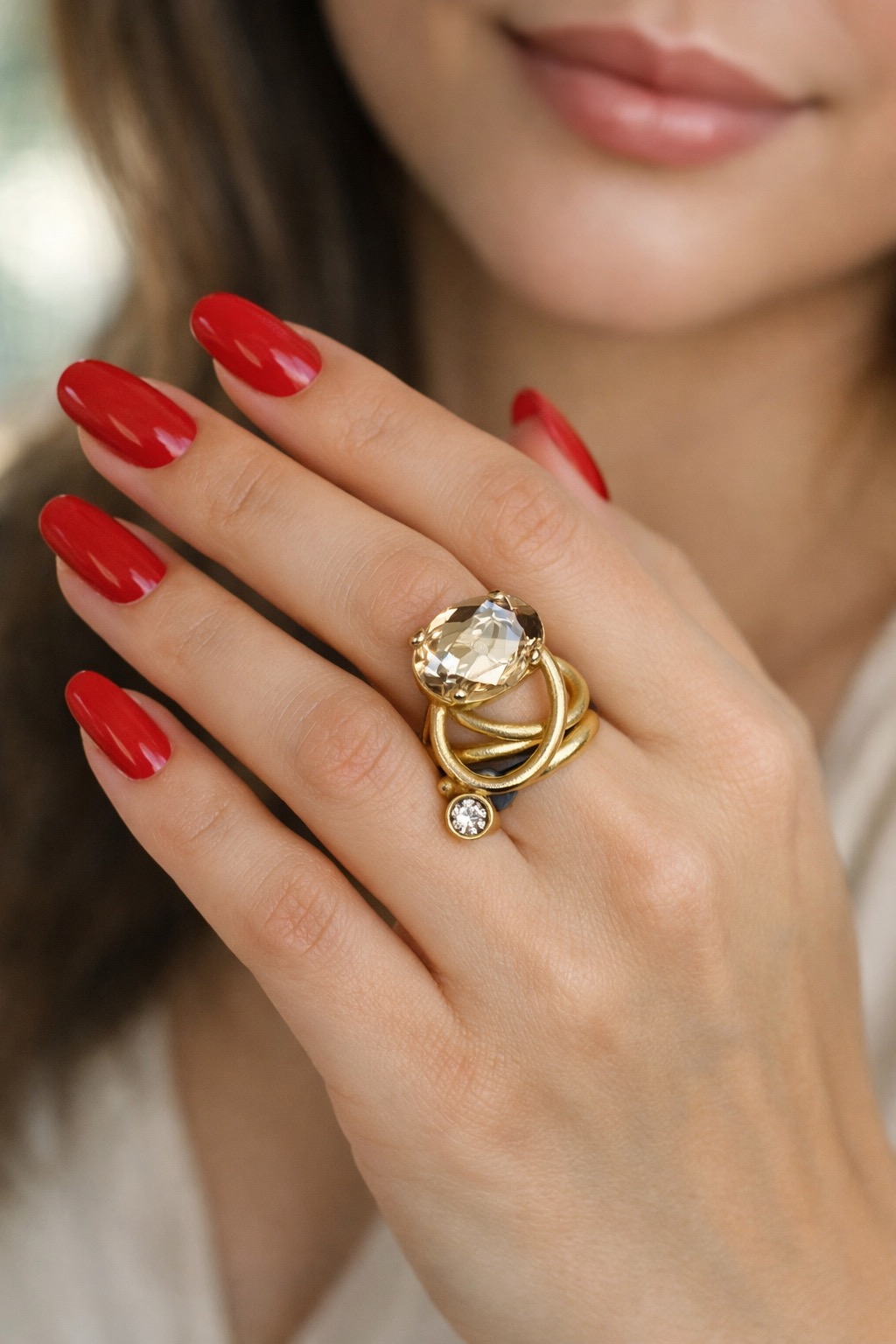 ✨ UShine.gr: Χειροποίητο Πολυεπίπεδο Δαχτυλίδι Χρυσό με Οβάλ Crystal No 7034