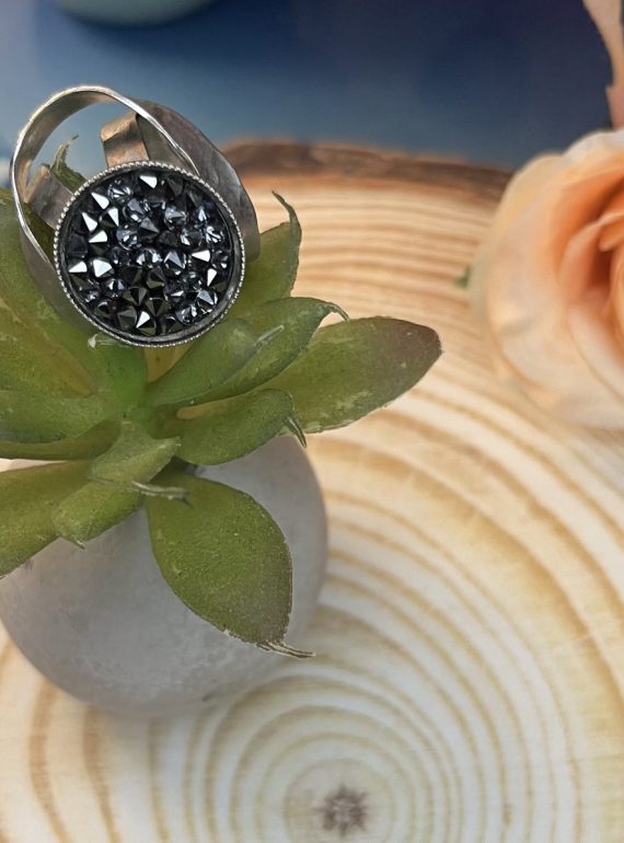 ✨ UShine.gr: Χειροποίητο Δαχτυλίδι Στρογγυλό με Μαύρα Κρύσταλλα No 7036