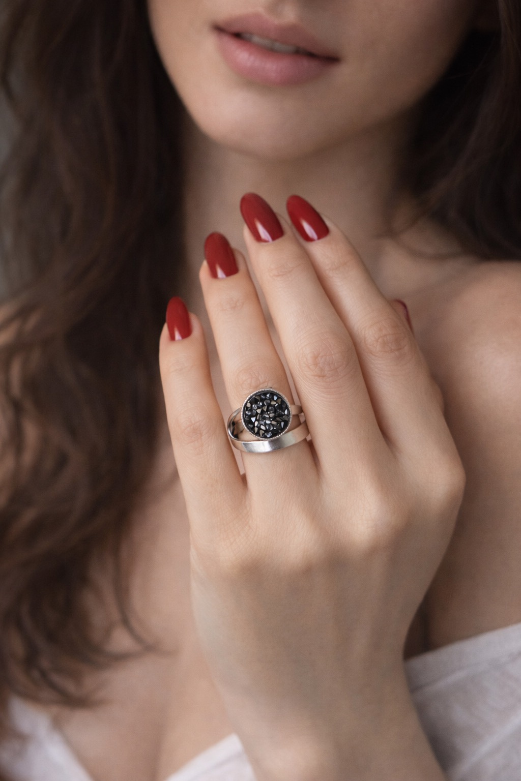 ✨ UShine.gr: Χειροποίητο Δαχτυλίδι Στρογγυλό με Μαύρα Κρύσταλλα No 7036