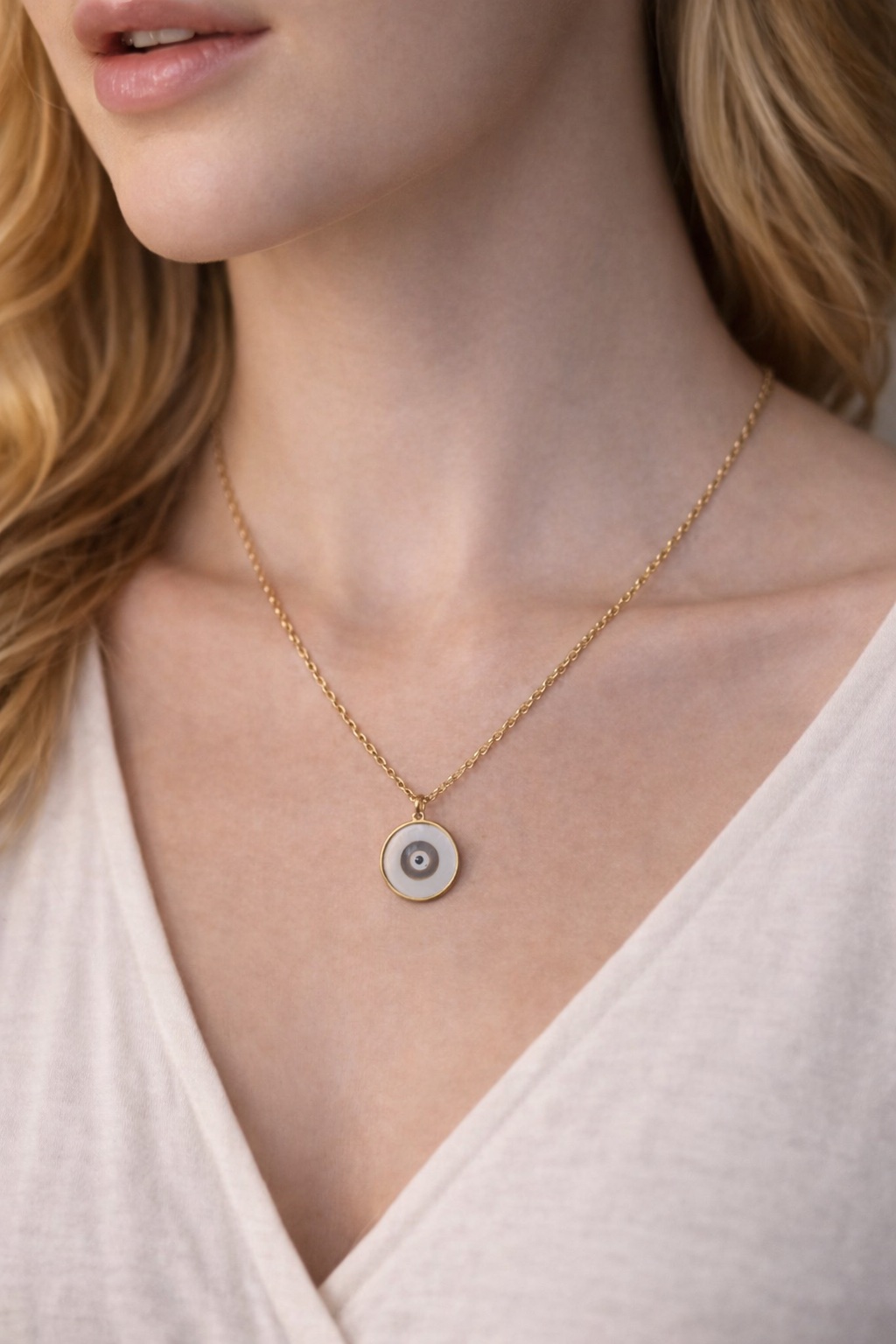 ✨ UShine.gr: Ατσάλινο Κολιέ Μάτι σε Στρογγυλό Μενταγιόν No 2041