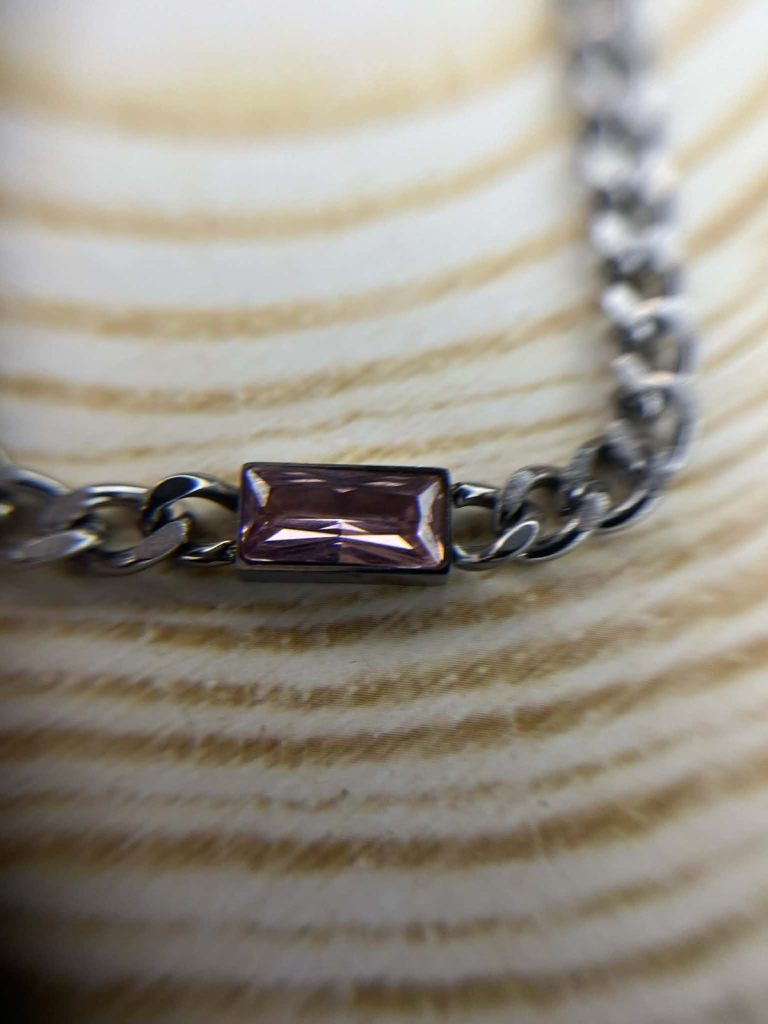 ✨ UShine.gr: Ατσάλινο Κολιέ Cuban με Ροζ Ορθογώνιο Κρύσταλλο No 2049