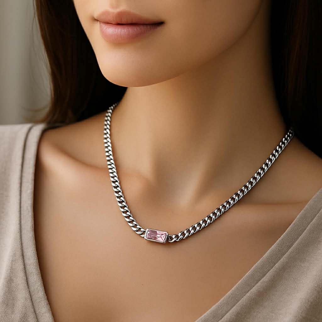 ✨ UShine.gr: Ατσάλινο Κολιέ Cuban με Ροζ Ορθογώνιο Κρύσταλλο No 2049
