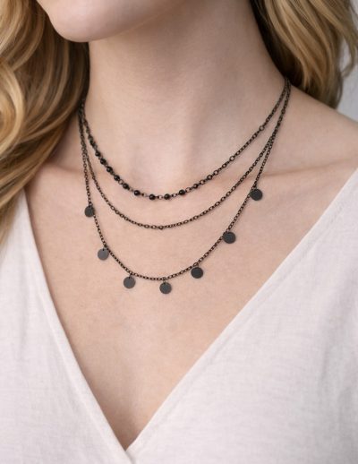 ✨ UShine.gr: Τριπλό Κολιέ με Μαύρες Δισκέτες & Αλυσίδες No 6051