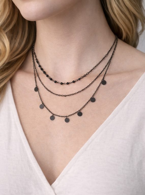 ✨ UShine.gr: Τριπλό Κολιέ με Μαύρες Δισκέτες & Αλυσίδες No 6051