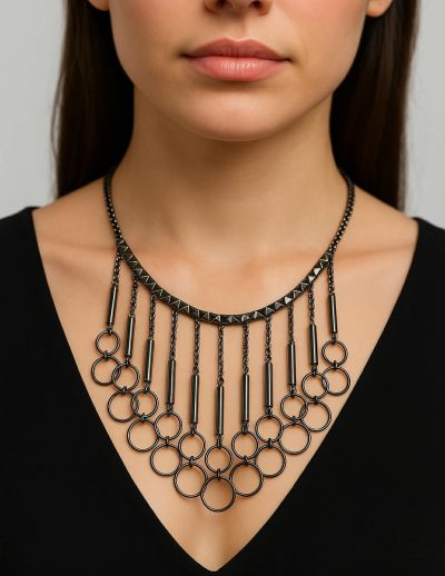 ✨ UShine.gr: Statement Κολιέ Μαύρο με Κύκλους & Γεωμετρικά Στοιχεία No 6055