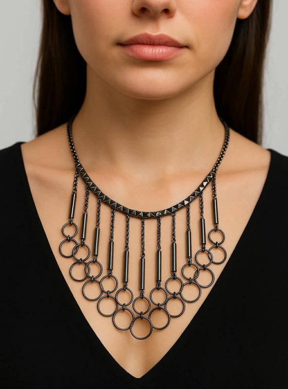 ✨ UShine.gr: Statement Κολιέ Μαύρο με Κύκλους & Γεωμετρικά Στοιχεία No 6055