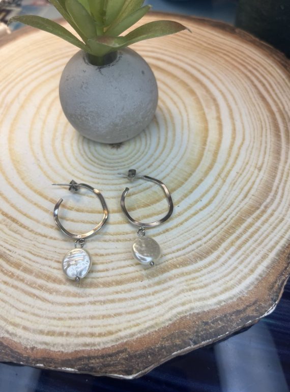 ✨ UShine.gr: Ατσάλινα Σκουλαρίκια Κρίκοι με Λευκό Μαργαριταρένιο Στοιχείο No 6001