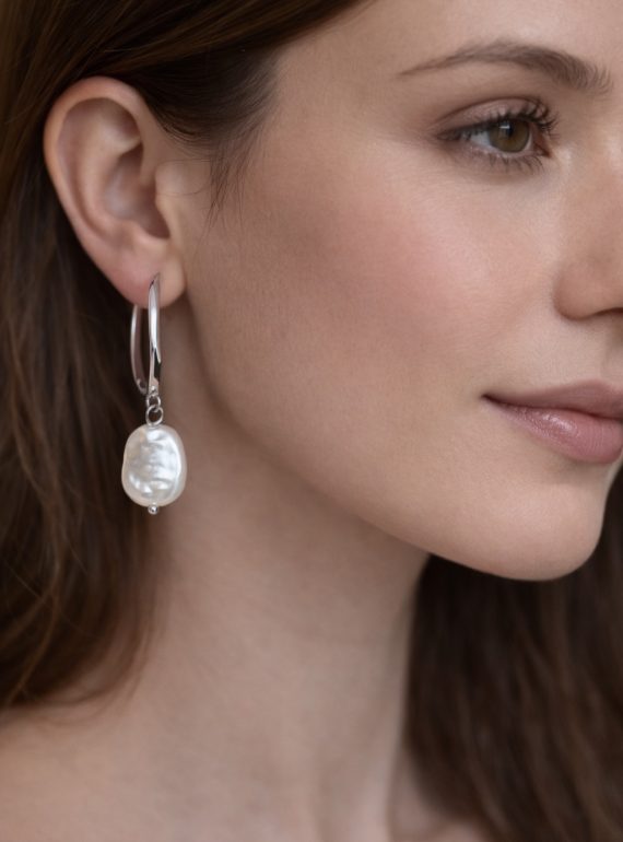 ✨ UShine.gr: Ατσάλινα Σκουλαρίκια Κρίκοι με Λευκό Μαργαριταρένιο Στοιχείο No 6001