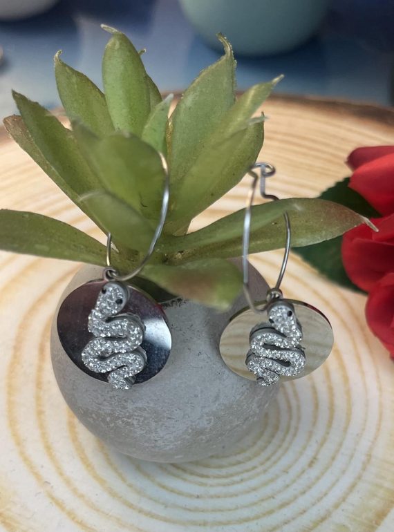 ✨ UShine.gr: Ατσάλινα Σκουλαρίκια Κρίκοι με Στοιχείο Φίδι & Στρας No 6002