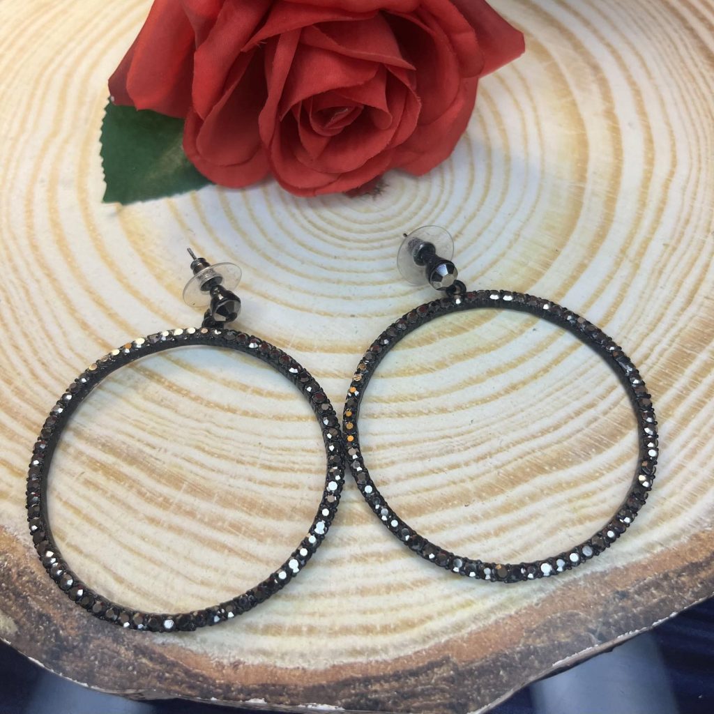 ✨ UShine.gr: Μαύρα Statement Σκουλαρίκια Κρίκοι με Στρας No 6003