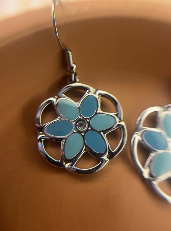 ✨ UShine.gr: Ατσάλινα Σκουλαρίκια Λουλούδι με Τιρκουάζ Λεπτομέρειες No 6009