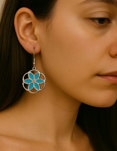 ✨ UShine.gr: Ατσάλινα Σκουλαρίκια Λουλούδι με Τιρκουάζ Λεπτομέρειες No 6009