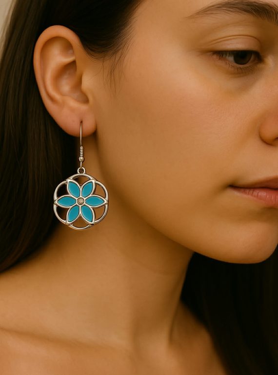 ✨ UShine.gr: Ατσάλινα Σκουλαρίκια Λουλούδι με Τιρκουάζ Λεπτομέρειες No 6009