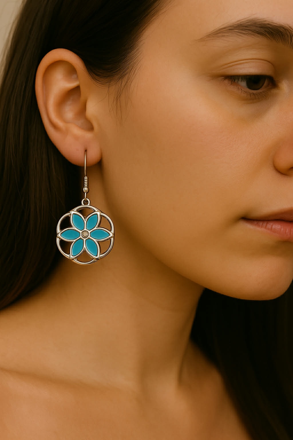 ✨ UShine.gr: Ατσάλινα Σκουλαρίκια Λουλούδι με Τιρκουάζ Λεπτομέρειες No 6009