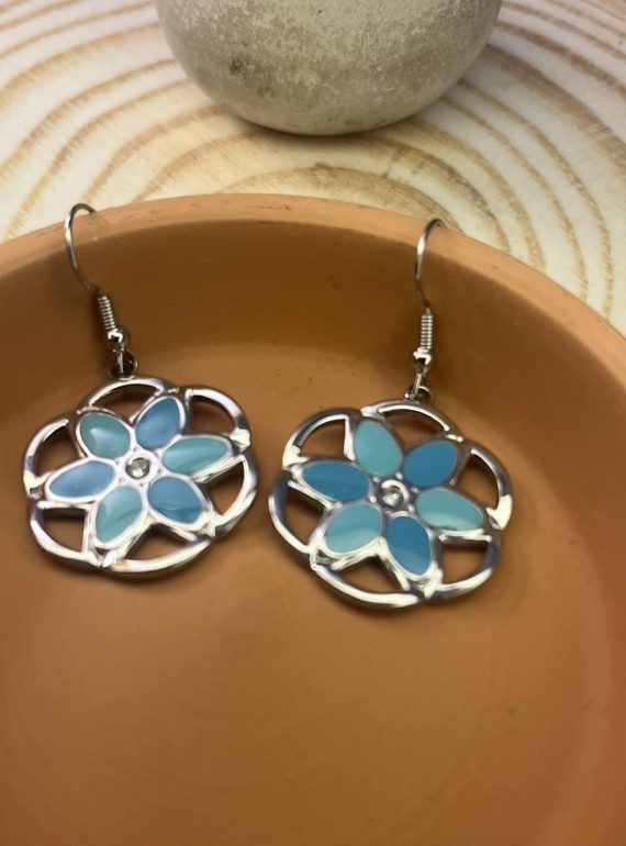 ✨ UShine.gr: Ατσάλινα Σκουλαρίκια Λουλούδι με Τιρκουάζ Λεπτομέρειες No 6009