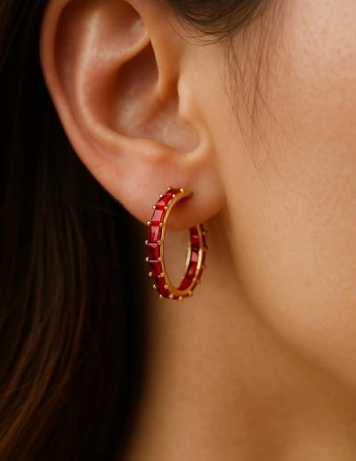 ✨ UShine.gr: Κρίκοι με Κόκκινες Πέτρες σε Χρυσή Βάση No 6013