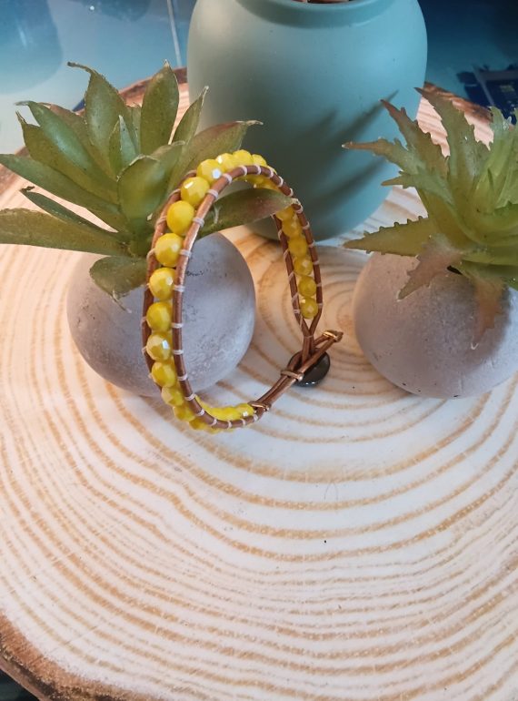 ✨ dreasuregift: Χειροποίητο Βραχιόλι Sunny Beads με Κίτρινες  Κρυστάλλινες Χάντρες Αιματίτη & Δερμάτινη Πλέξη No 110001