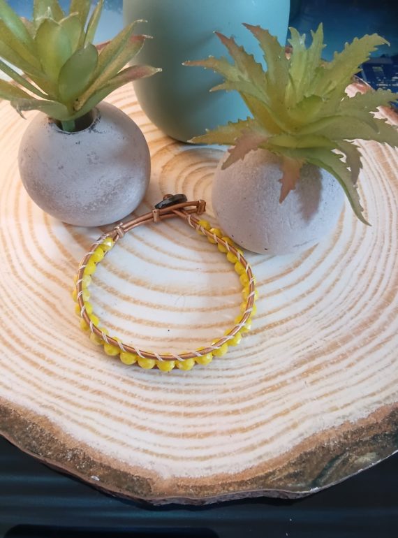 ✨ dreasuregift: Χειροποίητο Βραχιόλι Sunny Beads με Κίτρινες  Κρυστάλλινες Χάντρες Αιματίτη & Δερμάτινη Πλέξη No 110001