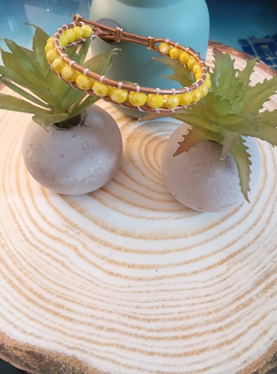 ✨ dreasuregift: Χειροποίητο Βραχιόλι Sunny Beads με Κίτρινες  Κρυστάλλινες Χάντρες Αιματίτη & Δερμάτινη Πλέξη No 110001