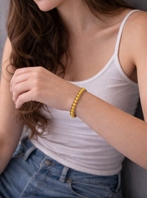 ✨ dreasuregift: Χειροποίητο Βραχιόλι Sunny Beads με Κίτρινες  Κρυστάλλινες Χάντρες Αιματίτη & Δερμάτινη Πλέξη No 110001
