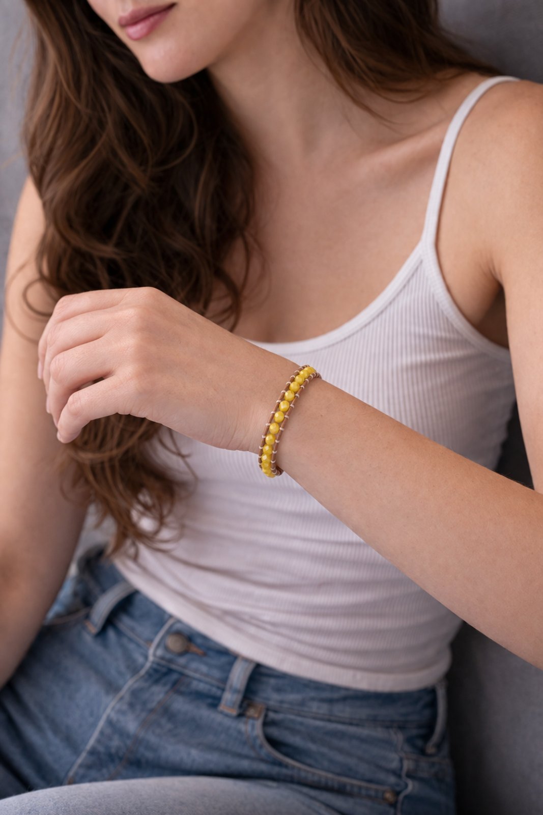 ✨ dreasuregift: Χειροποίητο Βραχιόλι Sunny Beads με Κίτρινες  Κρυστάλλινες Χάντρες Αιματίτη & Δερμάτινη Πλέξη No 110001