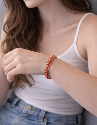 ✨ dreasuregift: Χειροποίητο Βραχιόλι Sunset Beads με Κοραλλί Κρυστάλλινες Χάντρες Αιματίτη  & Δερμάτινη Πλέξη No 110002