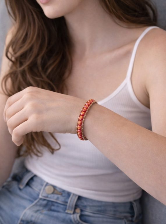 ✨ dreasuregift: Χειροποίητο Βραχιόλι Sunset Beads με Κοραλλί Κρυστάλλινες Χάντρες Αιματίτη & Δερμάτινη Πλέξη No 110002