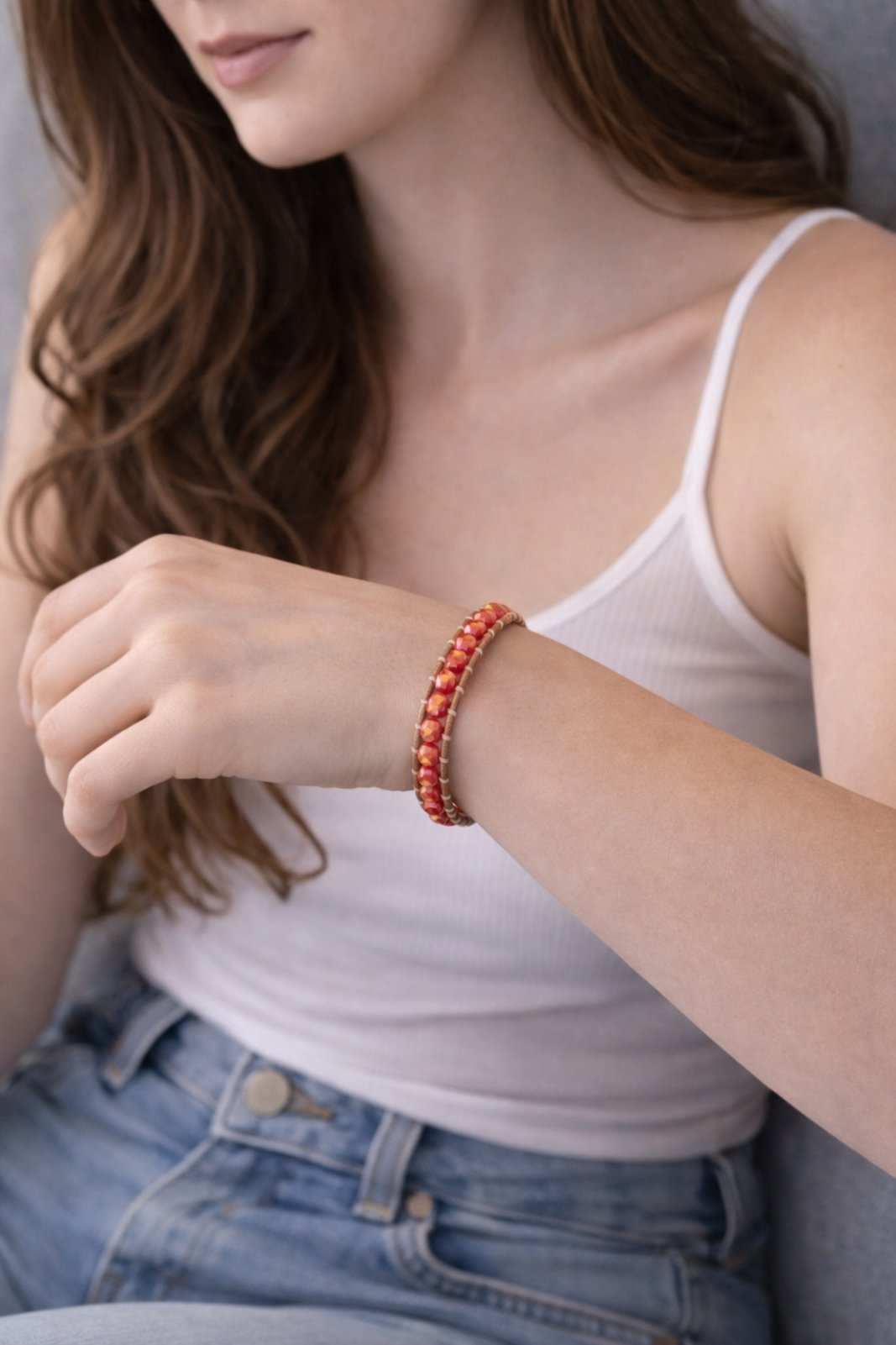 ✨ dreasuregift: Χειροποίητο Βραχιόλι Sunset Beads με Κοραλλί Κρυστάλλινες Χάντρες Αιματίτη  & Δερμάτινη Πλέξη No 110002