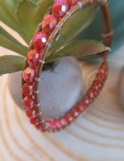 ✨ dreasuregift: Χειροποίητο Βραχιόλι Sunset Beads με Κοραλλί Κρυστάλλινες Χάντρες Αιματίτη  & Δερμάτινη Πλέξη No 110002