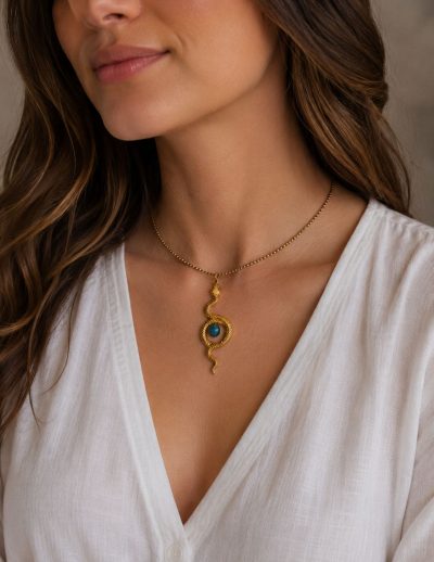 ✨ UShine.gr: Ατσάλινο Κολιέ Serpente Blue Stone No 6065